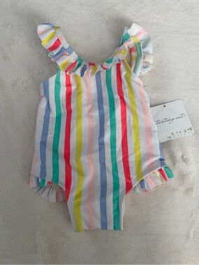 Starting Out Rainbow Stripe Ruffle One-Piece Swimsuit - Multicolor